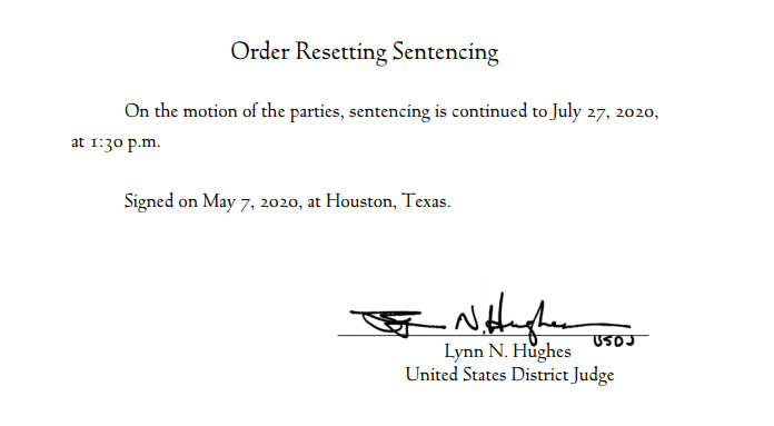 hughes resetting sentencing date to july 2020