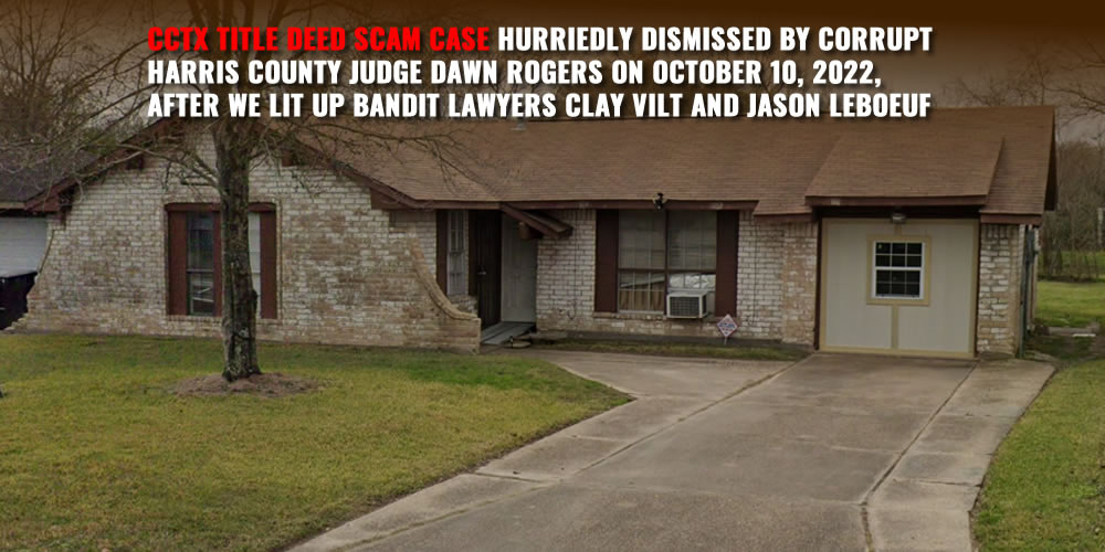 Christian Consultants of Texas (CCTX) along with lawyers Robert C. Vilt and Jason Leboeuf are still operating the Foreclosure Scam in court.